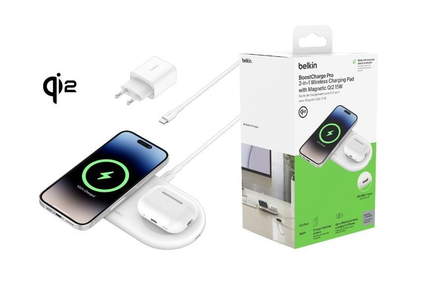 Зарядний пристрій бездротовий Belkin 2в1 15Вт Pad Qi2, білий (WIZ021VFWH) 369944 фото