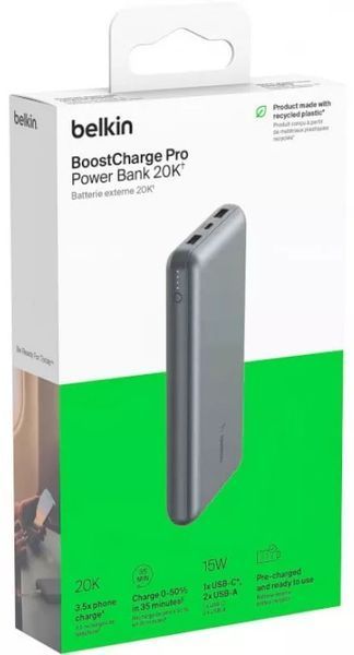 Акумулятор портативний літій-іонний Power Bank Belkin 20000мА&middot;год, 15Вт, 2хUSB-A/USB-C, cірий (BPB012BTGY) 366471 фото