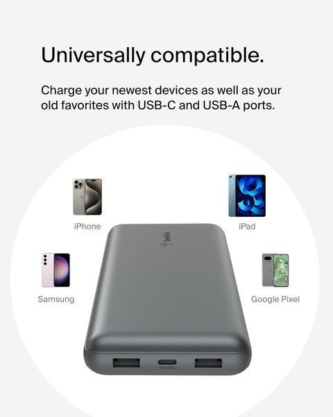 Акумулятор портативний літій-іонний Power Bank Belkin 20000мА&middot;год, 15Вт, 2хUSB-A/USB-C, cірий (BPB012BTGY) 366471 фото