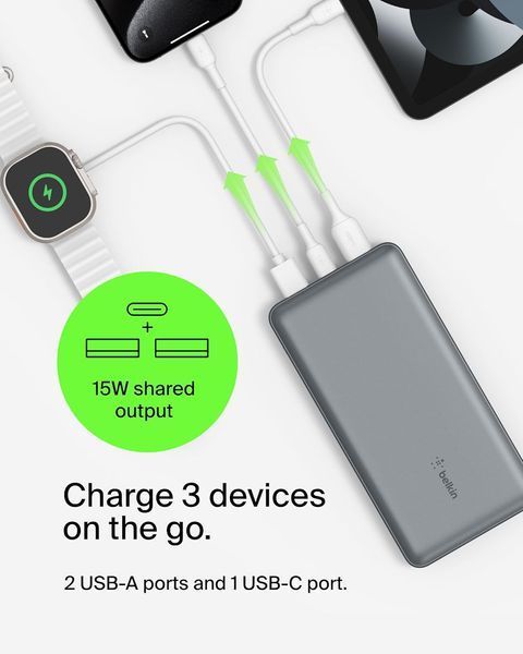 Акумулятор портативний літій-іонний Power Bank Belkin 20000мА&middot;год, 15Вт, 2хUSB-A/USB-C, cірий (BPB012BTGY) 366471 фото