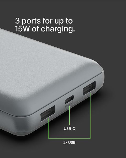 Акумулятор портативний літій-іонний Power Bank Belkin 20000мА&middot;год, 15Вт, 2хUSB-A/USB-C, cірий (BPB012BTGY) 366471 фото