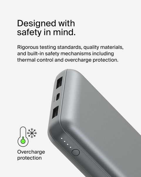 Акумулятор портативний літій-іонний Power Bank Belkin 20000мА&middot;год, 15Вт, 2хUSB-A/USB-C, cірий (BPB012BTGY) 366471 фото