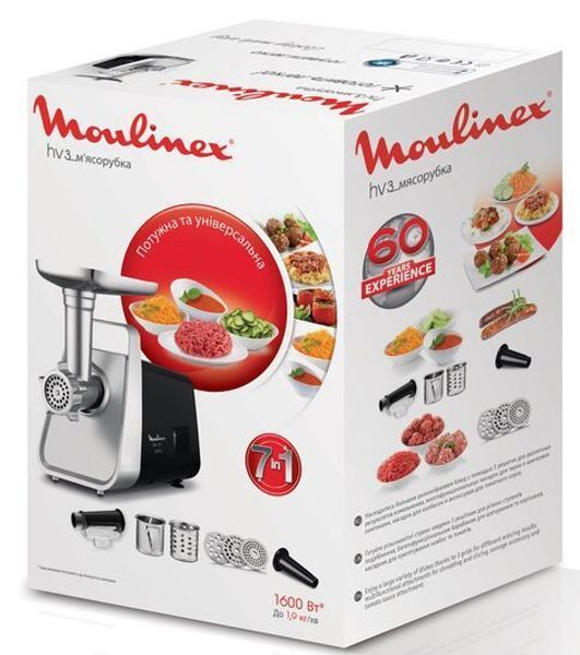 М'ясорубка Moulinex, 1600Вт, 1.9кг/хв, 3 решітки, насадка для ковбас, томатів, 3 терки, пластик/мет, чорно-срібний (ME307832) 369432 фото