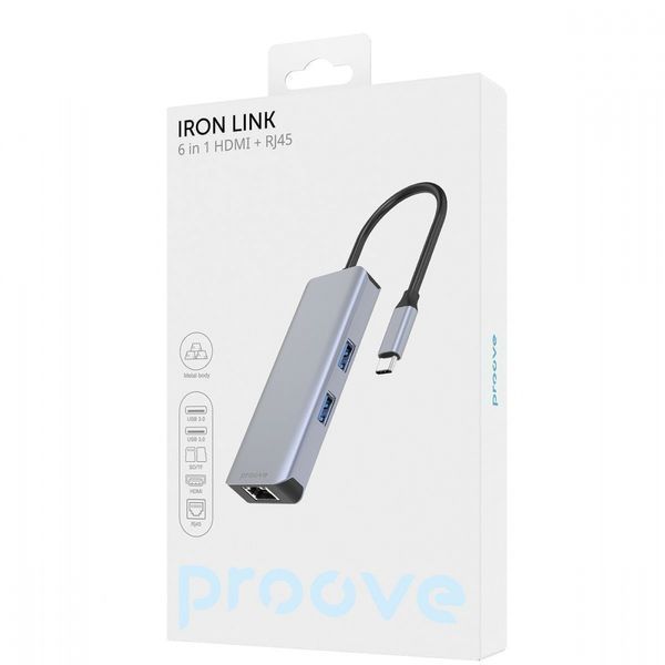 HUB Proove Iron Link 6in1 Type-C To 2USB3.0 + SD/TF + RJ45 + HDMI (HBI700010004) Silver 314083 фото