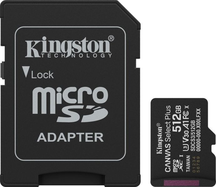 Карта пам'яті Kingston MicroSDXC 512GB Canvas Select Plus Gen3 150MB/s A1 + SD-адаптер (SDCS3/512GB) 388826 фото