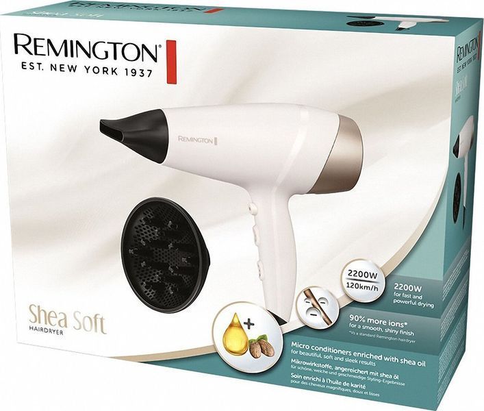 Фен Remington Shea Soft, 2200Вт, 3 режими, дифузор,турмалінова іоніз-я, хол. обдув, біло-золотий (D4740) 368214 фото