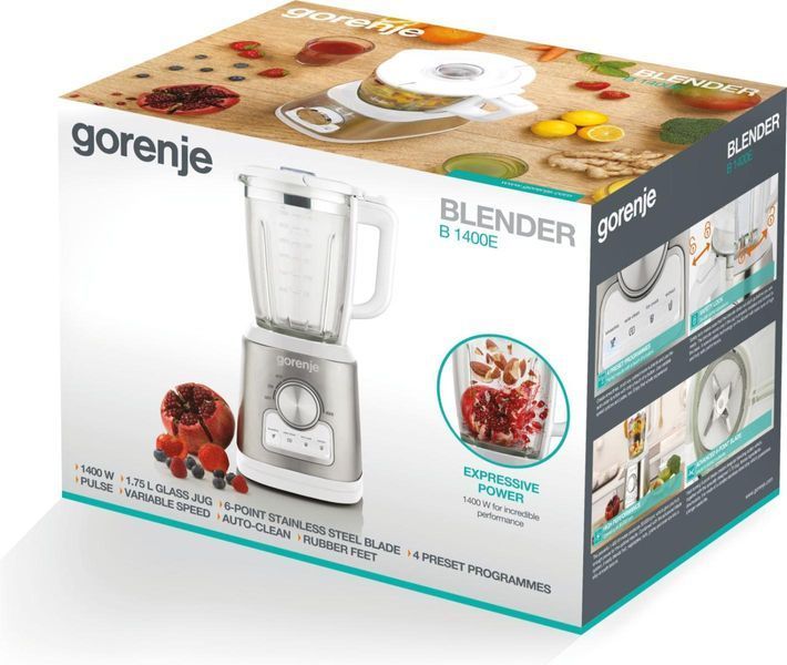 Блендер Gorenje стаціонарний 1400Вт, чаша-1750мл, скло, білий (B1400E) 370062 фото