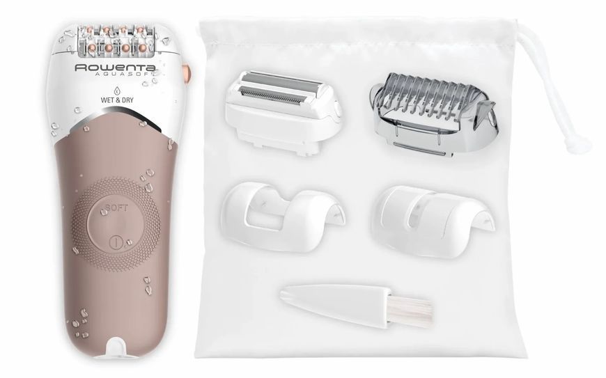 Епілятор Rowenta Aquasoft Wet&Dry пінцетний, акумуляторний , пінцет.-24, волог.+сух., насадок-4, пудровий (EP4930F0) 371886 фото