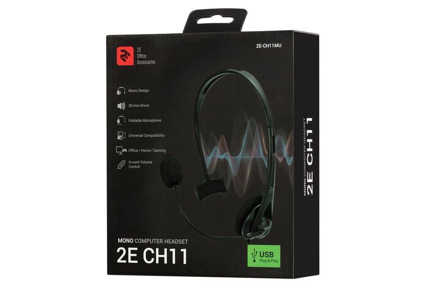 Гарнітура ПК моно On-ear 2E CH11 USB, omni-mic, 2м, чорний (2E-CH11MU) 364287 фото