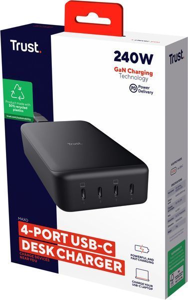 Зарядний пристрій мережевий Trust Maxo 240Вт,GaN, 4xUSB-C,PD, чорний 380573 фото