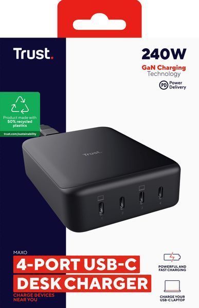 Зарядний пристрій мережевий Trust Maxo 240Вт,GaN, 4xUSB-C,PD, чорний 380573 фото