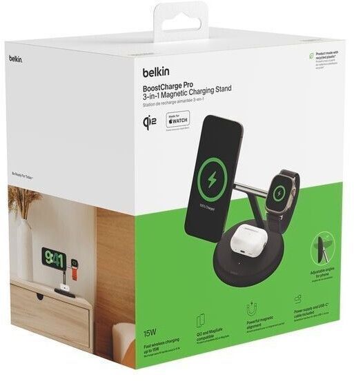 Зарядний пристрій бездротовий Belkin 3в1 Magnetic Adjustable Pad Qi2 15Вт, чорний (WIZ023VFBK) 371158 фото