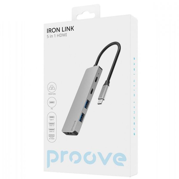 Type-C-Хаб Proove Iron Link 5 in 1 (2*Type-C + 2*USB3.0 + HDMI) (HBIL00222024) Silver 316259 фото