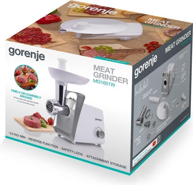 М'ясорубка Gorenje, 1600Вт, 2,2кг/хв, 2 решітки, пластик, білий (MG1601W) 369436 фото
