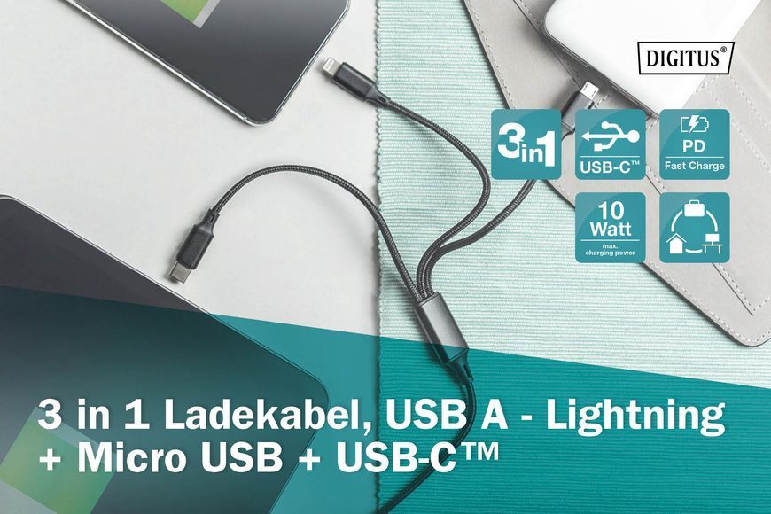 Кабель DIGITUS USB-A > Lightning/USB-С/micro USB, мультизарядний 3-в-1, заряджання/синхронізація 1м, чорний (AK-300160-010-S) 367287 фото