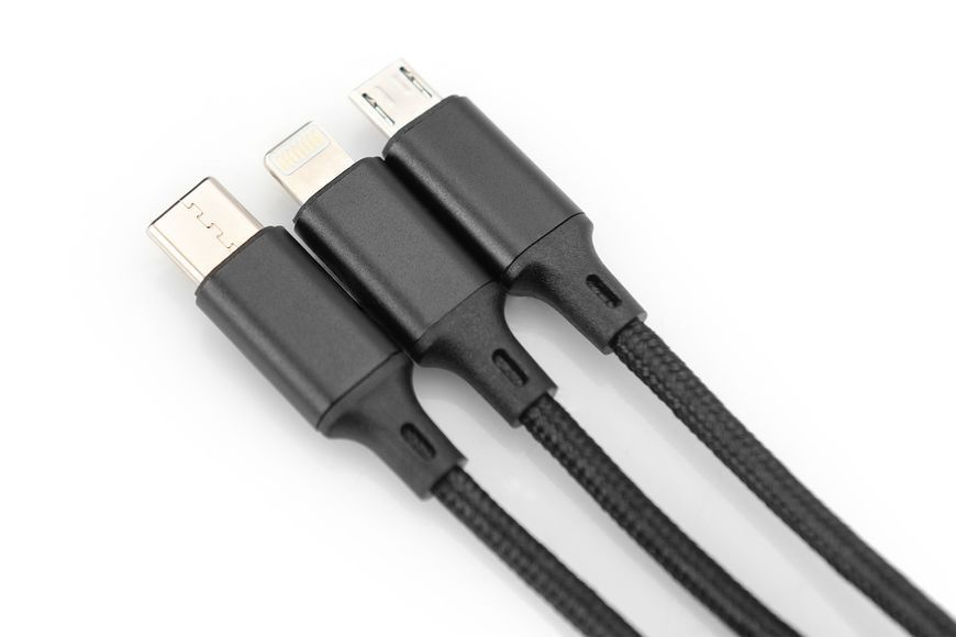 Кабель DIGITUS USB-A > Lightning/USB-С/micro USB, мультизарядний 3-в-1, заряджання/синхронізація 1м, чорний (AK-300160-010-S) 367287 фото