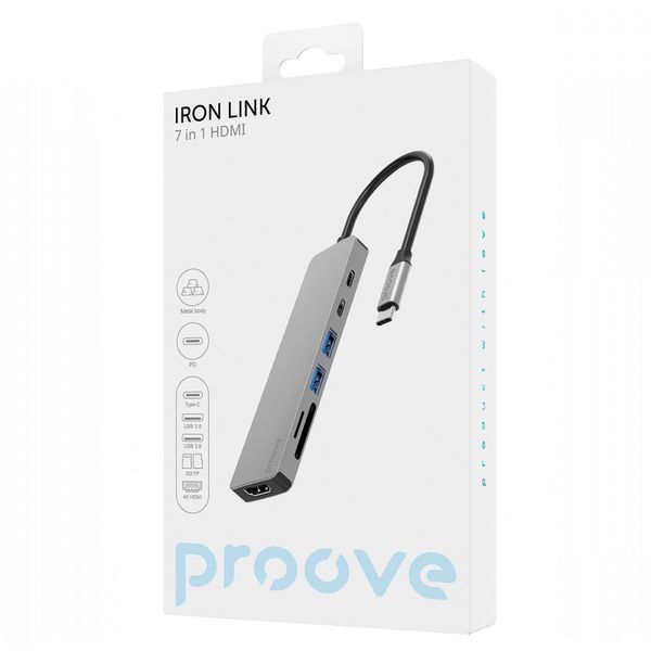 Type-C-Хаб Proove Iron Link 7 in 1 (2*Type-C + 2*USB3.0 + HDMI + SD/TF) (HBIL00222004) Silver 316284 фото