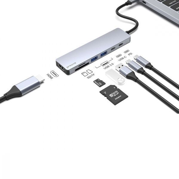 Type-C-Хаб Proove Iron Link 7 in 1 (2*Type-C + 2*USB3.0 + HDMI + SD/TF) (HBIL00222004) Silver 316284 фото