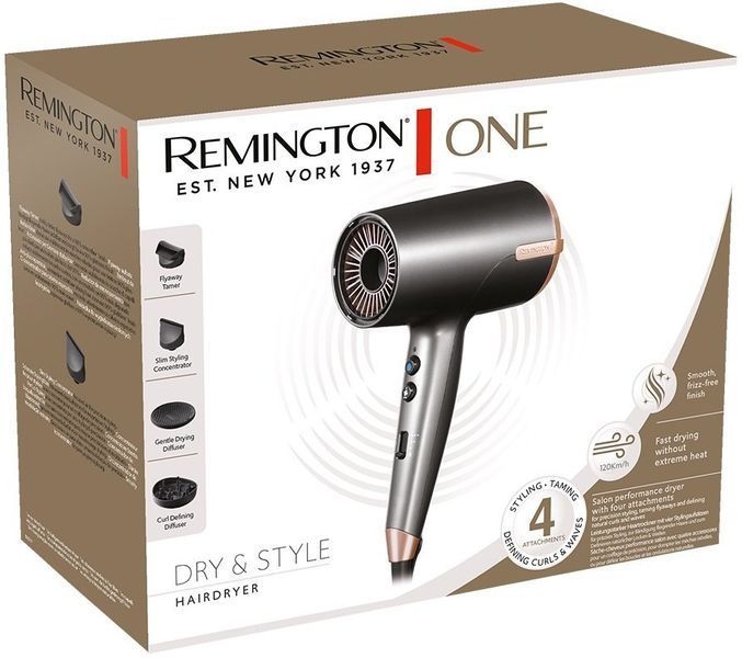 Фен Remington One, 2000Вт, 8 режимів, дифузор,чохол,іоніз-я, хол. обдув, термо-сенсор, сірий (D6077) 369660 фото
