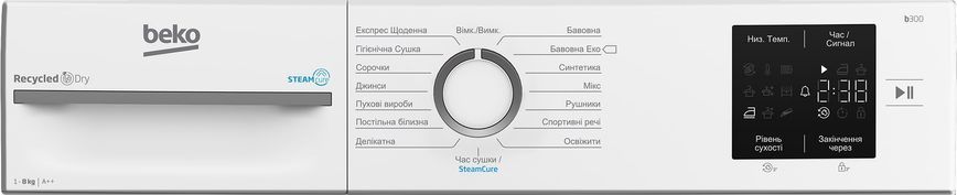 Сушильна машина Beko тепловий насос, 8кг, A++, 55см, дисплей, підсвітка барабану, пар, білий (BM3T38239WW) 373639 фото