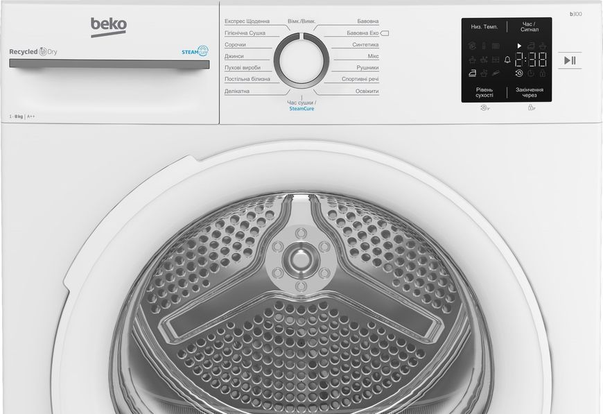 Сушильна машина Beko тепловий насос, 8кг, A++, 55см, дисплей, підсвітка барабану, пар, білий (BM3T38239WW) 373639 фото