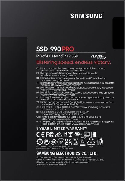 Накопичувач SSD Samsung M.2 1TB PCIe 4.0 990PRO (MZ-V9P1T0BW) 371215 фото