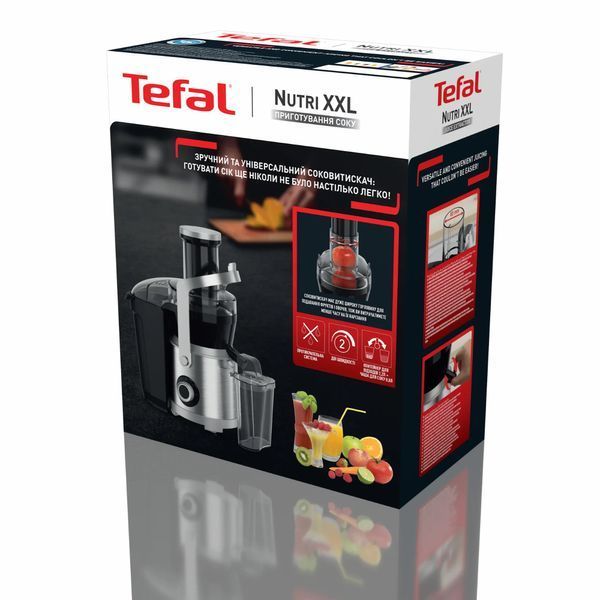 Соковитискач Tefal Nutri XXL відцентрований 1000Вт, чаша-0.8л, жмих-2.2л, жолоб на ціле яблуко, пластик/метал, чорний-нержавіюча сталь (ZE660D10) 369475 фото