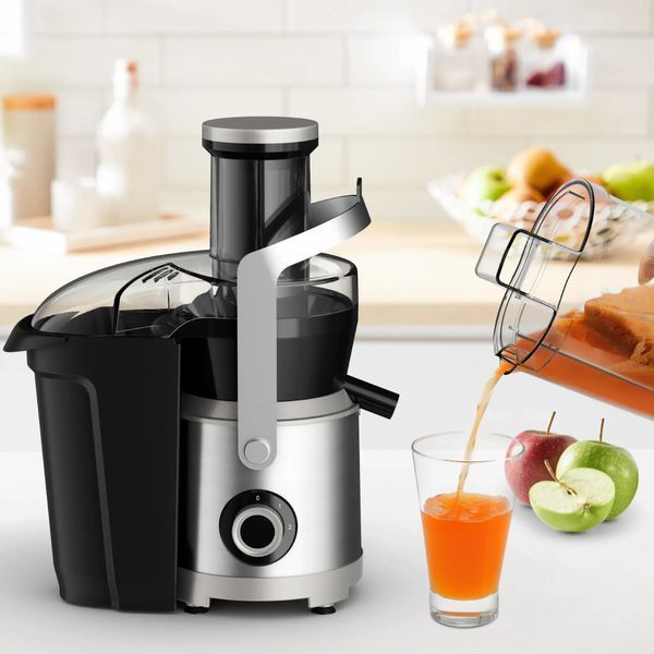 Соковитискач Tefal Nutri XXL відцентрований 1000Вт, чаша-0.8л, жмих-2.2л, жолоб на ціле яблуко, пластик/метал, чорний-нержавіюча сталь (ZE660D10) 369475 фото