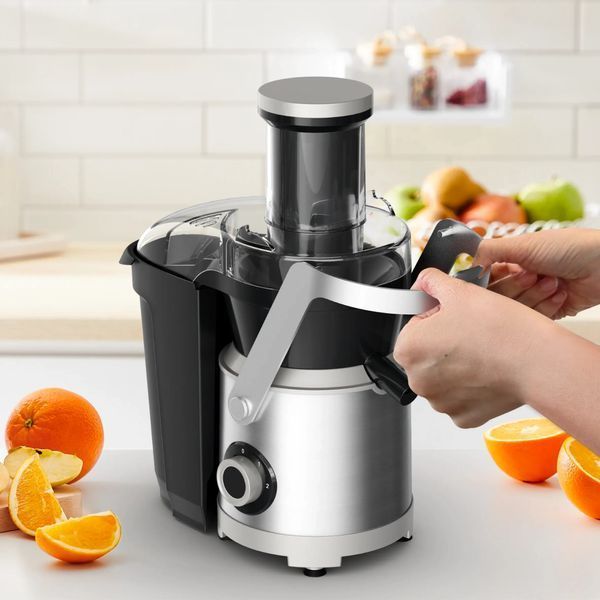Соковитискач Tefal Nutri XXL відцентрований 1000Вт, чаша-0.8л, жмих-2.2л, жолоб на ціле яблуко, пластик/метал, чорний-нержавіюча сталь (ZE660D10) 369475 фото