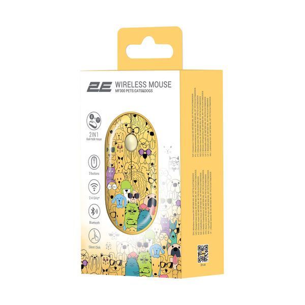 Миша 2E MF300 PETS:CATS&DOGS Silent WL BT, жовтий (2E-MF300WPETSYW) 362596 фото