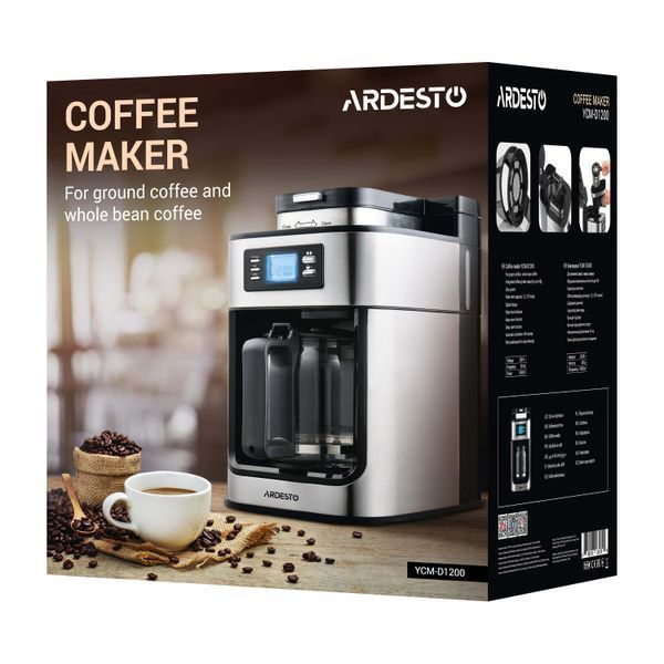 Кавоварка Ardesto крапельна Steel Collection 1.2л, зерно + мелена, дисплей, сріблясто-чорний (YCM-D1200) 372761 фото