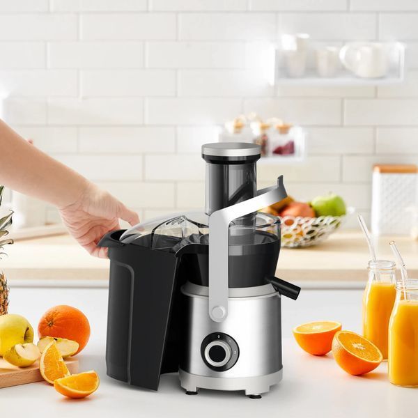 Соковитискач Tefal Nutri XXL відцентрований 1000Вт, чаша-0.8л, жмих-2.2л, жолоб на ціле яблуко, пластик/метал, чорний-нержавіюча сталь (ZE660D10) 369475 фото