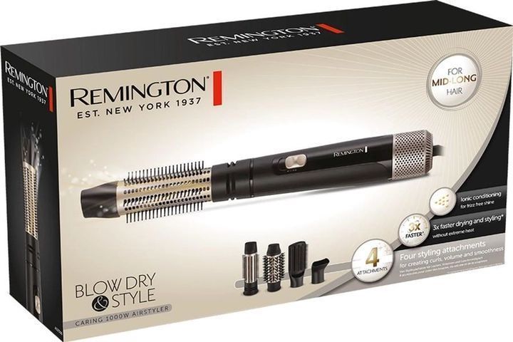 Фен-щітка Remington Blow Dry & Style Caring, 1000Вт, 2 режими, іоніз-я, хол. обдув, чохол, кераміка, чорно-золотий (AS7500) 367335 фото