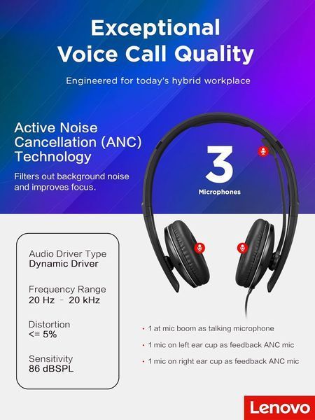 Гарнітура Lenovo Wired ANC Headset Gen 2 (Teams) (4XD1M45627) 364452 фото