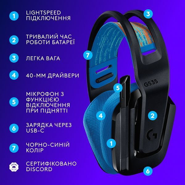 гарнітура LOGITECH G535 LIGHTSPEED Wireless, Black (939-002219) 316234 фото