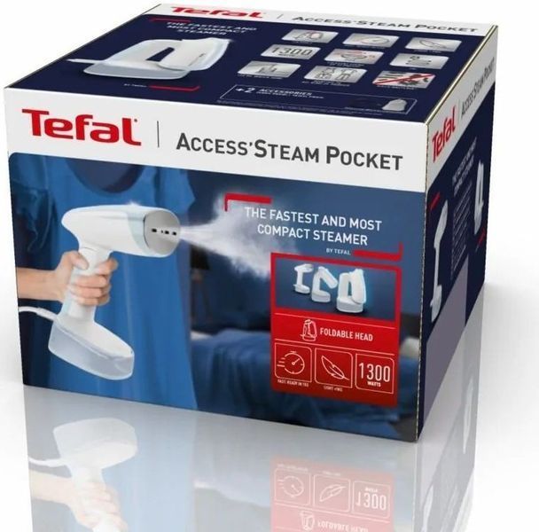 Відпарювач Tefal компактний Access Steam Pocket, 1300Вт, постійна пара - 20гр, біло-блакитний (DT3041E1) 374062 фото