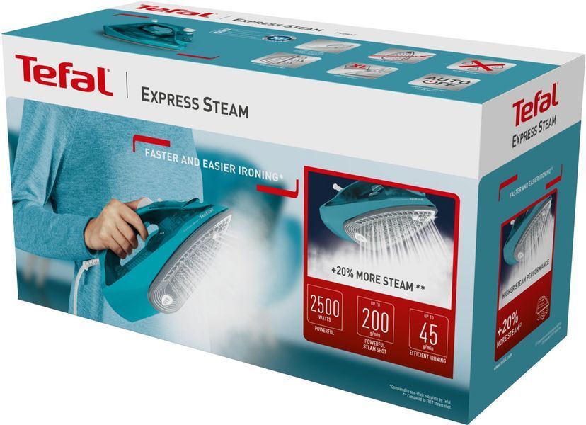 Праска Tefal Express Steam, 2500Вт, 270мл, паровий удар -200гр, постійна пара - 45гр, керам. підошва, бірюзовий (FV2867E0) 374195 фото