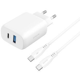 Зарядний Пристрій Proove Silicone Power 2 30W (Type-C + USB) + Cable Type-C to Type-C (1m) (WCSP230110020 white 380661 фото