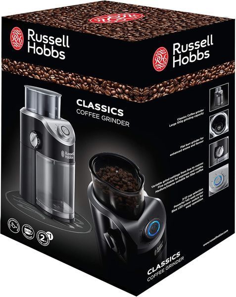 Кавомолка Russell Hobbs жорнова Classic, 140Вт, об'єм зерен-100г, регул.ступеню помолу, пластик, чорний (23120-56) 372769 фото