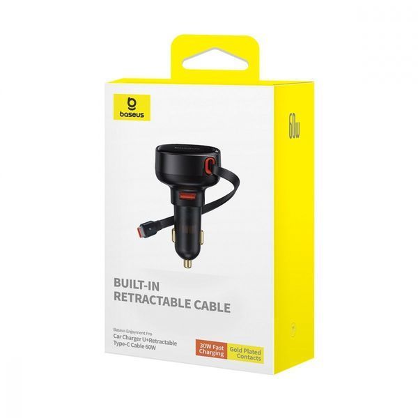 АЗП Baseus Enjoyment Pro U + Retractable Cable Type-C 60W (C00057802111-02) Black 344218 фото