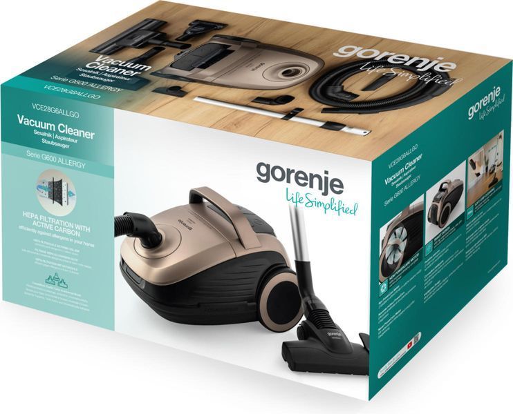 Пилосос Gorenje мішковий, 850Вт, конт пил -3л, HEPA, сенсорне упр, телескоп трубка, бронзовий (VCE28G6ALLGO) 381193 фото