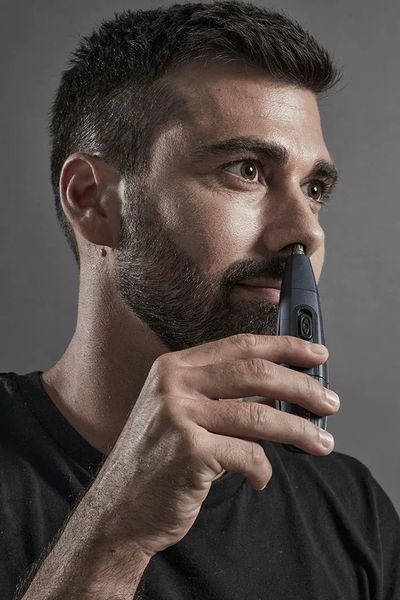 Тример Rowenta Specialist, для бороди, вусів і носа, ААx1, вібраційний мотор, насадок-5, титан.напил., синій (TN3651F0) 371603 фото