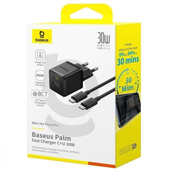 Зарядний Пристрій Baseus Palm Fast Charger Type-C+USB 30W (With Cable Type-C to Type-C 60W 1m) (P1011160A213-01) White 347066 фото