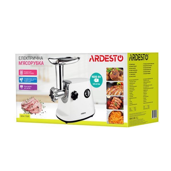 М'ясорубка Ardesto, 1600Вт, 1.6кг/хв, 3 решітки, насадка для ковбас, кеббе, 3 терки, пластик, біло-сріблястий (MGA-1750R) 371177 фото
