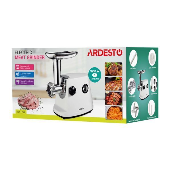 М'ясорубка Ardesto, 1600Вт, 1.6кг/хв, 3 решітки, насадка для ковбас, кеббе, 3 терки, пластик, біло-сріблястий (MGA-1750R) 371177 фото