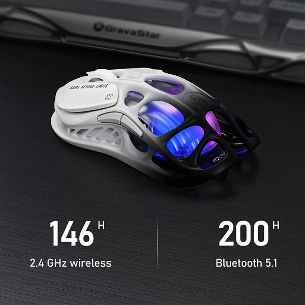 Миша GravaStar Mercury M1 Pro, BT/WL/USB-A, RGB, чорно-білий 380336 фото