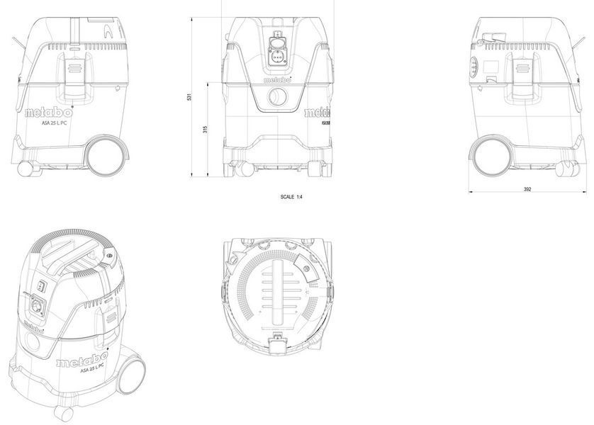 Пилосос професійний Metabo ASA&nbsp;25&nbsp;L&nbsp;PC, 1250Вт, 210мБар, бак 25л, 6.9кг (602014000) 376029 фото
