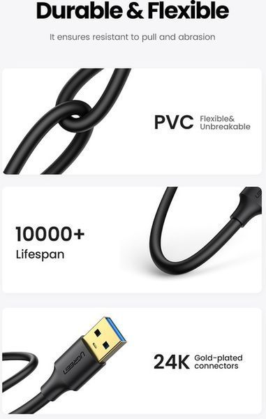 Кабель UGREEN US128 USB-A 3.0 Male To Male Cable 2m Black (10371) 278867 фото