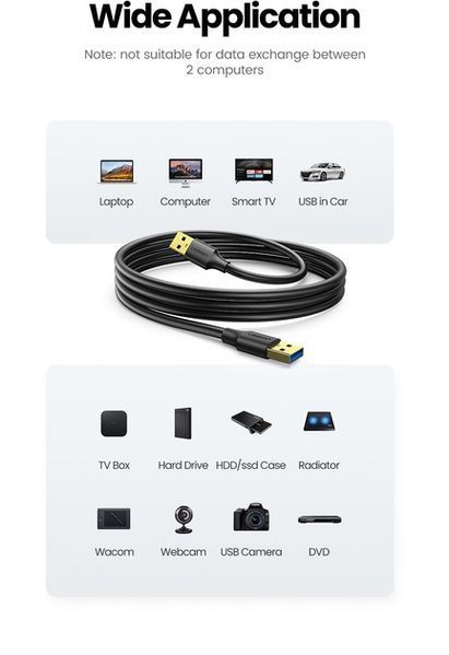 Кабель UGREEN US128 USB-A 3.0 Male To Male Cable 2m Black (10371) 278867 фото