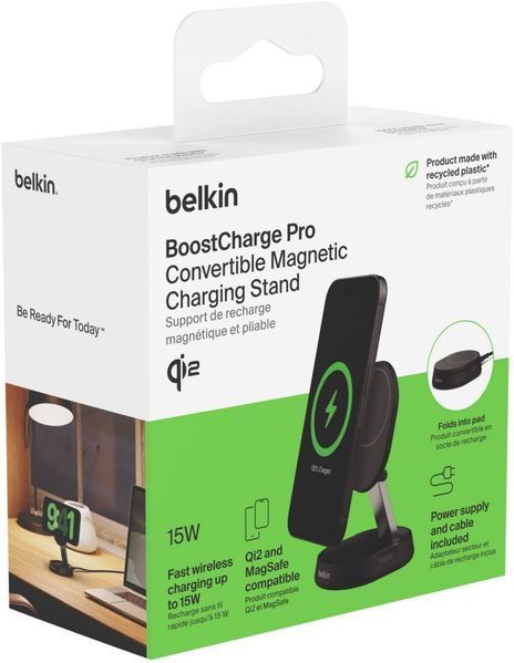 Зарядний пристрій бездротовий Belkin 15Вт Magnetic Stand Qi2, адаптер 20Вт USB-C, чорний (WIA008VFBK) 372381 фото